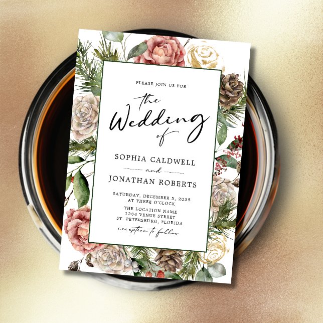 Invitación Boda de invierno con flores de caligrafía de rosas (Roses and Pine Calligraphy Christmas Theme Floral Wedding Invitation)