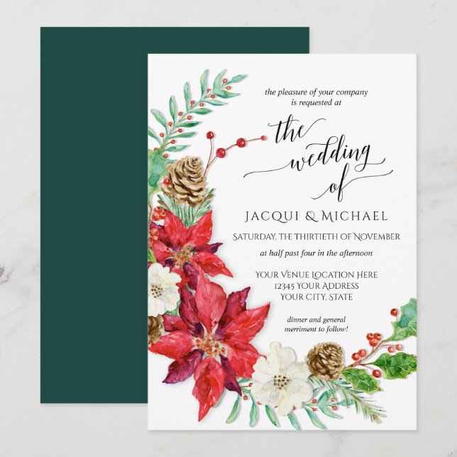 Invitación Boda de invierno con flores de Navidades blancos r (Anverso / Reverso)