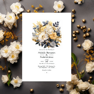 Invitación Boda de invierno con flores de oro, negro y blanco