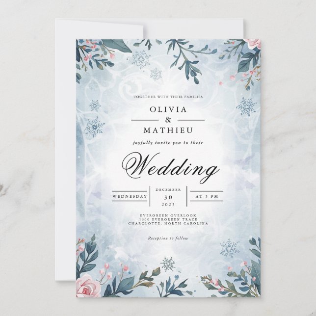 Invitación Boda de invierno con flores de rama helada (Anverso)