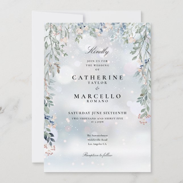 Invitación Boda de invierno con flores silvestres verdes (Anverso)