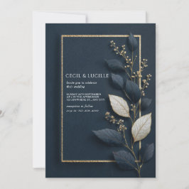 Invitación Boda de invierno con hoja botánica azul naval dora