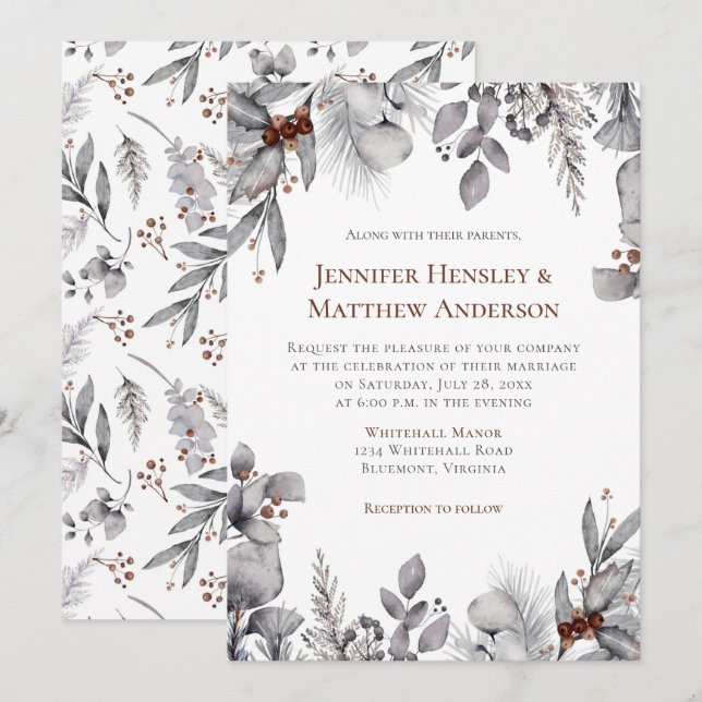 Invitación Boda de invierno con marco gris, marrón y plata (Anverso / Reverso)