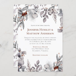 Invitación Boda de invierno con marco gris, marrón y plata