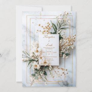 Invitación Boda de Invierno con Mármol Blanco y Floral Dorado