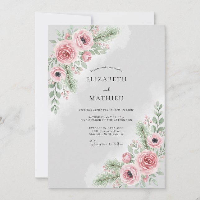 Invitación Boda de invierno con niebla rosa rubor (Anverso)