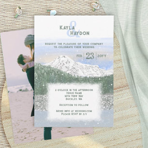 Invitación Boda de invierno con nieve cayendo en Mt. Rainier