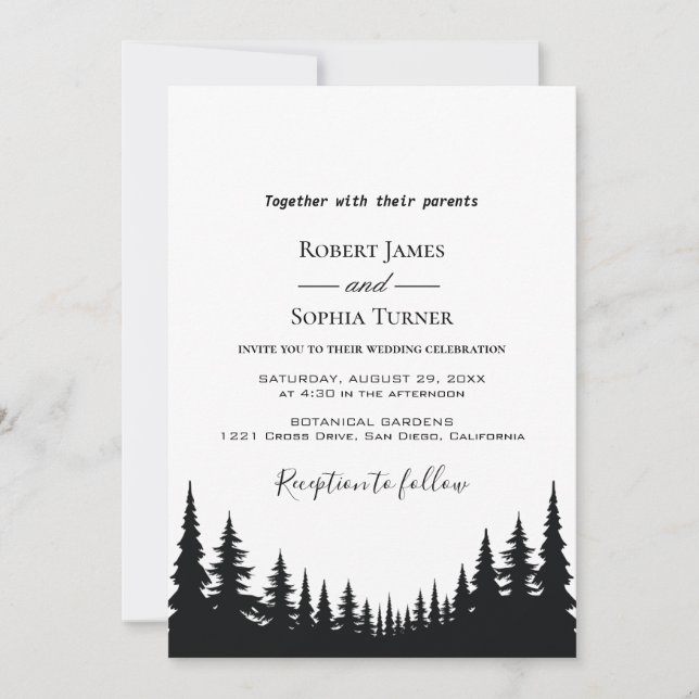 Invitación Boda de invierno con pinos negros y blancos (Anverso)