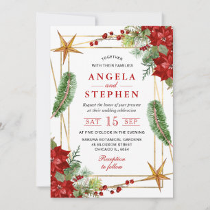Invitación Boda de invierno con poinsettia roja acuarela boho