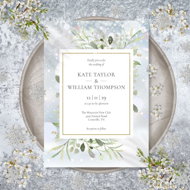 Invitación Boda de invierno con primeros copos de nieve (First Snowflakes Greenery Winter Wedding Invitatio Invitation)