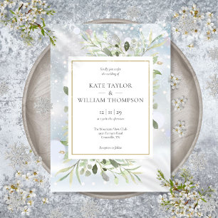 Invitación Boda de invierno con primeros copos de nieve y veg