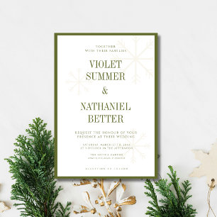 Invitación Boda de Invierno Copos de Nieve Verde Oliva Dinero