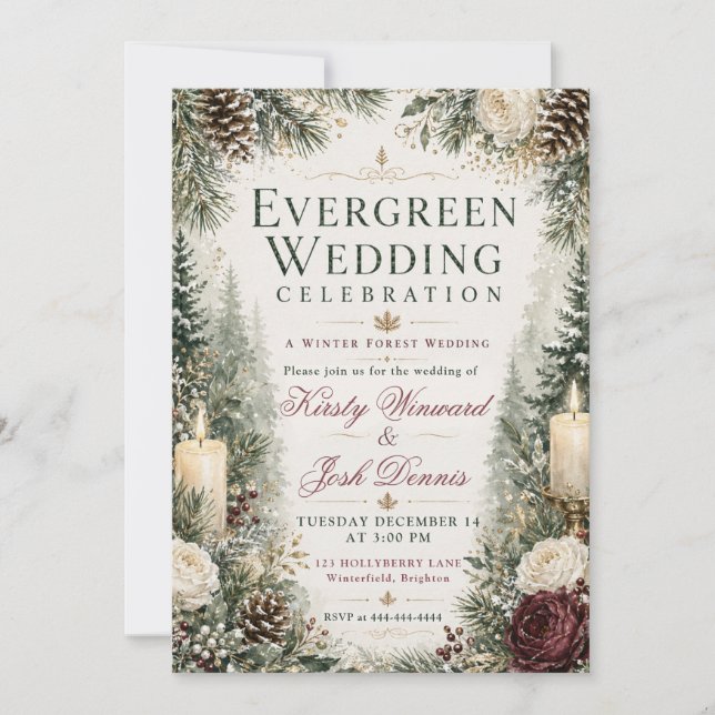 Invitación Boda de invierno de bosque perenne (Anverso)