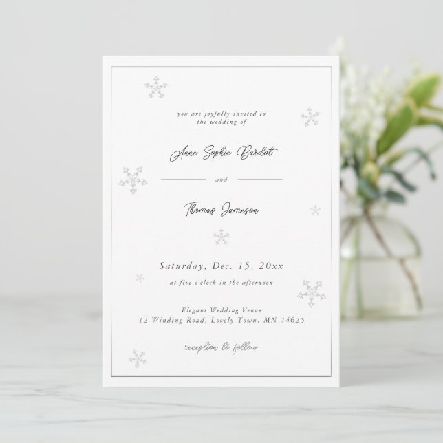 Invitación Boda de invierno de caligrafía moderna con copo de (Anverso de pie)
