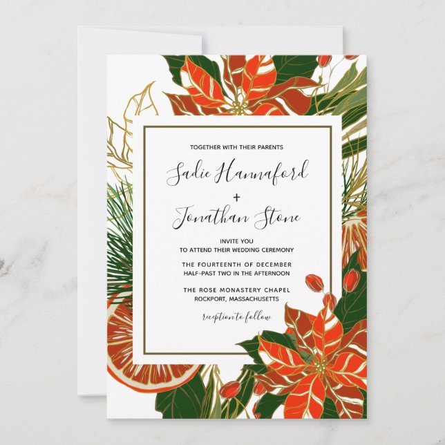 Invitación Boda de invierno de Cítricos de Poinsettia Moderna (Anverso)