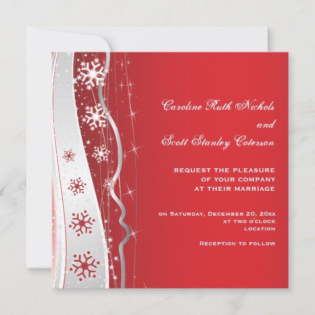 Invitación Boda de invierno de copos de nieve gris rojo y pla (Anverso)