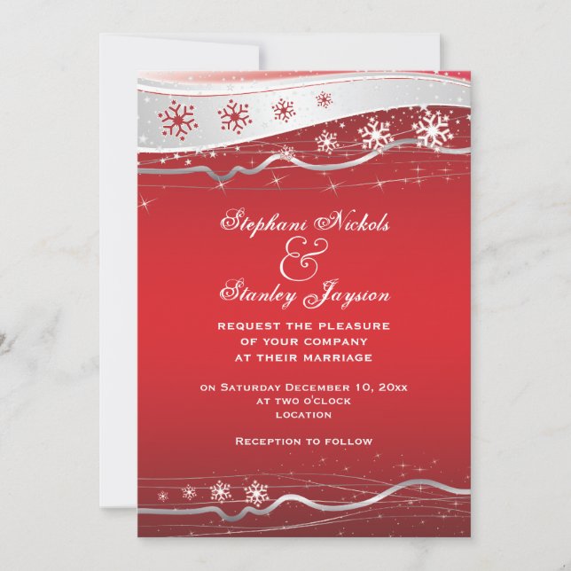 Invitación Boda de invierno de copos de nieve gris rojo y pla (Anverso)