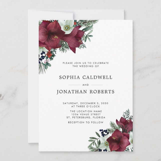 Invitación Boda de invierno de feriado floral de Borgoña (Anverso)