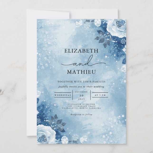 Invitación Boda de invierno de Frosty Blue Bloom (Anverso)
