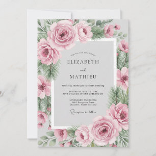 Invitación Boda de invierno de hoja perenne rosa rubor
