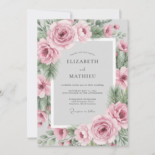 Invitación Boda de invierno de hoja perenne rosa rubor (Anverso)
