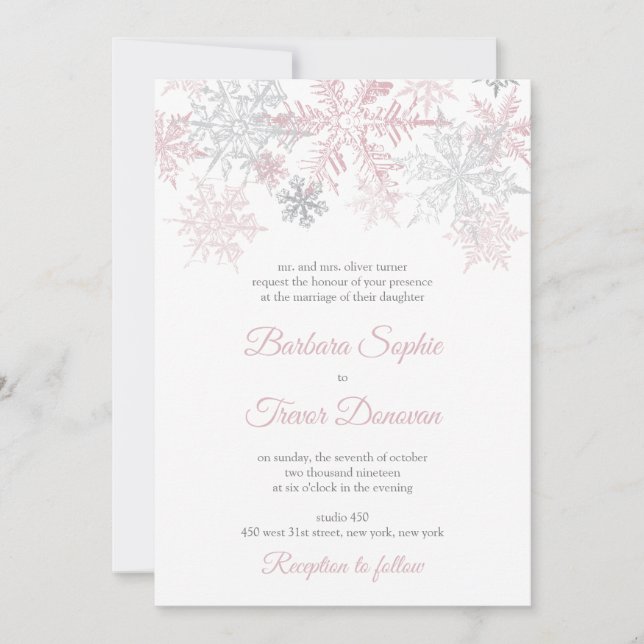 Invitación Boda de invierno de hojaldre rosa y plateado con p (Anverso)