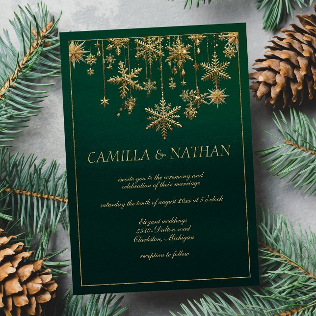 Invitación Boda de invierno de invierno de copo de nieve dora (Green gold snowflake winter wonderland Wedding)