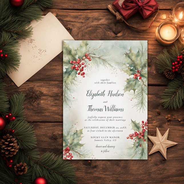 Invitación Boda de invierno de invierno de Navidades de la ve (winter wedding invitation christmas berries elegant rustic modern vintage watercolor calligraphy)