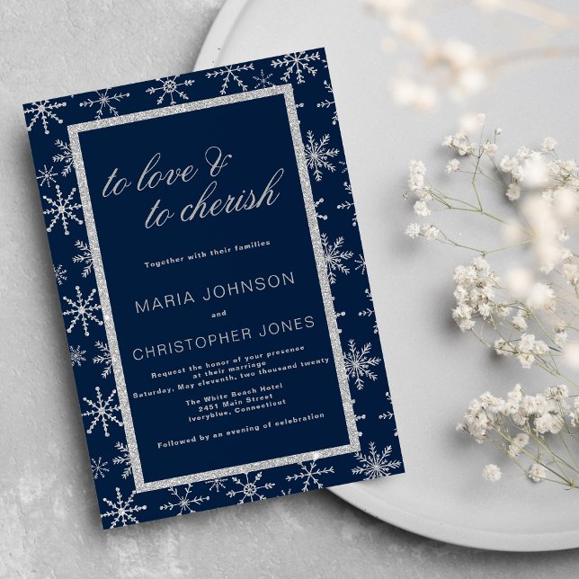 Invitación Boda de invierno de invierno de purpurina de plata (Navy blue silver glitter snowflake winter Wedding )