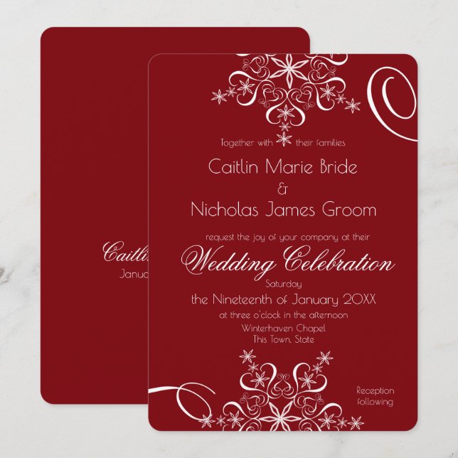 Invitación Boda de Invierno de la Elegancia Roja de Snowflake (Anverso / Reverso)