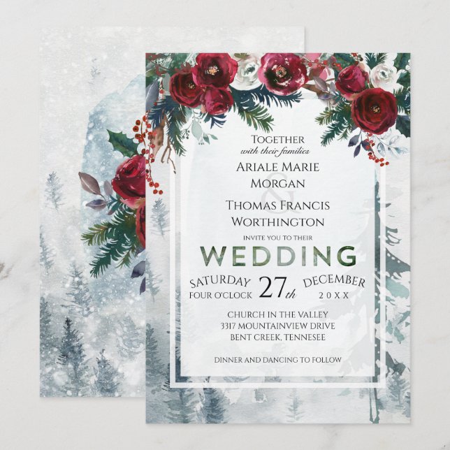 Invitación Boda de invierno de la montaña Pine (Anverso / Reverso)