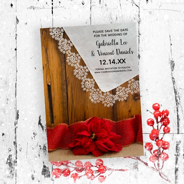 Invitación Boda de invierno de la rusa de la Poinsettia Roja  (Set the tone for your December winter wedding with this festive save the date.)