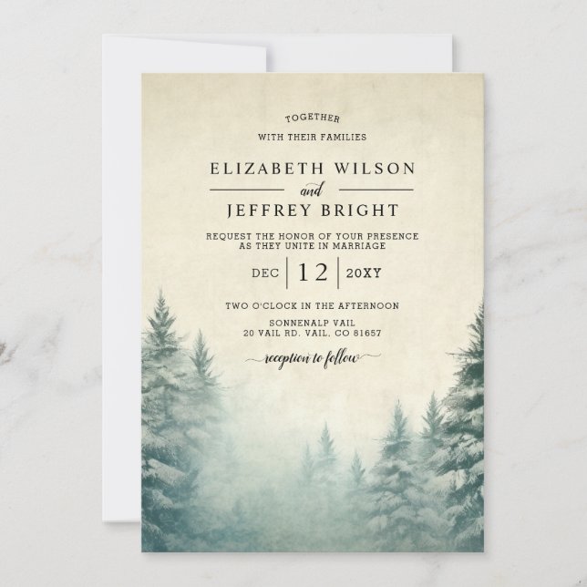 Invitación Boda de invierno de la Selva de Pino Rustica (Anverso)