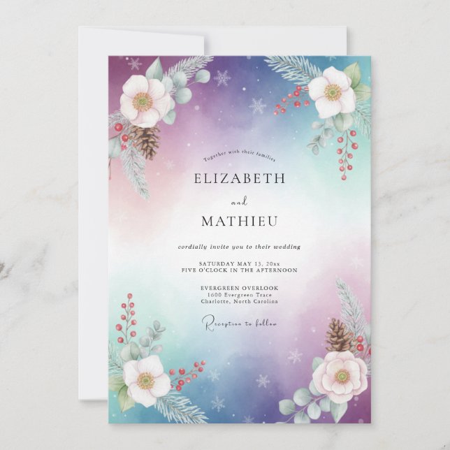 Invitación Boda de invierno de lavanda en el bosque (Anverso)