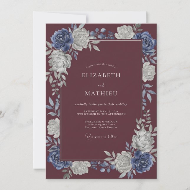 Invitación Boda de invierno de lujo en borgoña (Anverso)