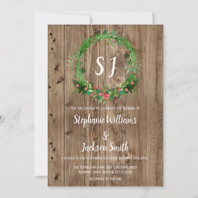 Invitación Boda de Invierno de Madera Rústica Monogramada al  (Anverso)