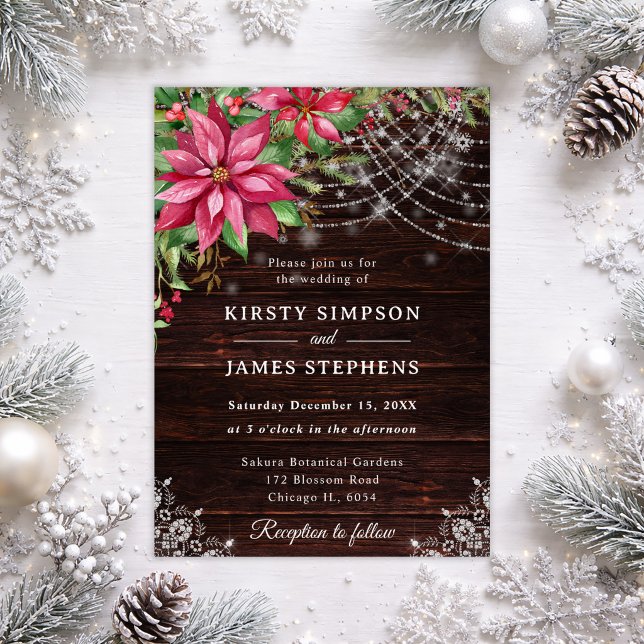 Invitación Boda de invierno de madera rústica y poinsettia (Subido por el creador)