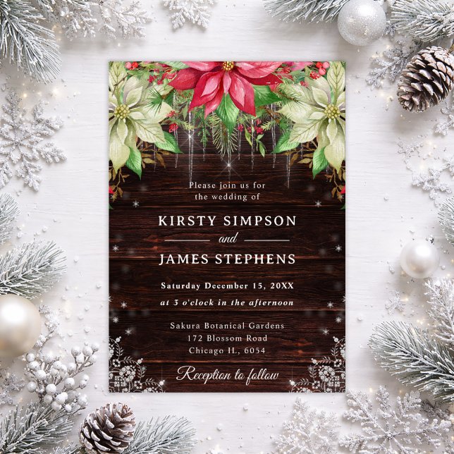 Invitación Boda de invierno de madera rústica y poinsettia (Subido por el creador)