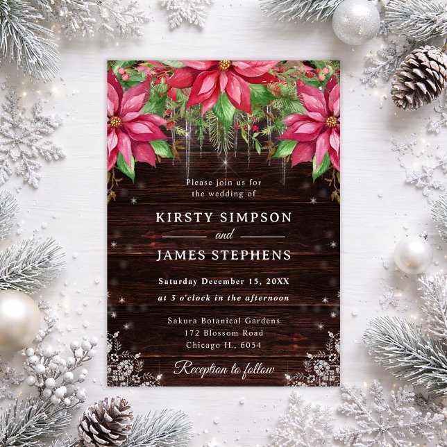 Invitación Boda de invierno de madera rústica y poinsettia (Subido por el creador)