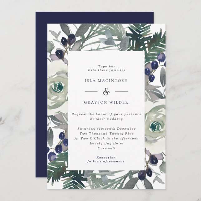 Invitación Boda de invierno de Marina y Flores Blancas y Berr (Anverso / Reverso)