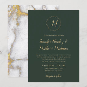 Invitación Boda de Invierno de Mármol de Oro Evergreen Monogr