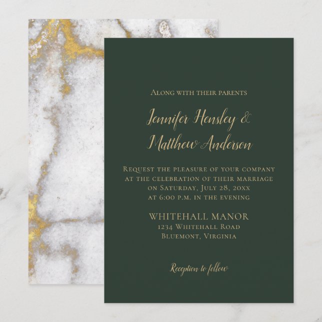 Invitación Boda de Invierno de Mármol Evergreen y Gold (Anverso / Reverso)