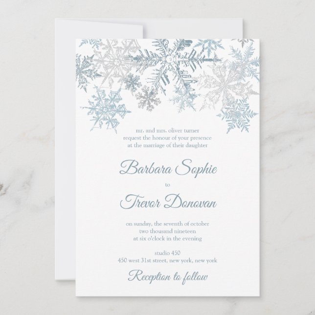 Invitación Boda de Invierno de Navidades con copos de nieve a (Anverso)