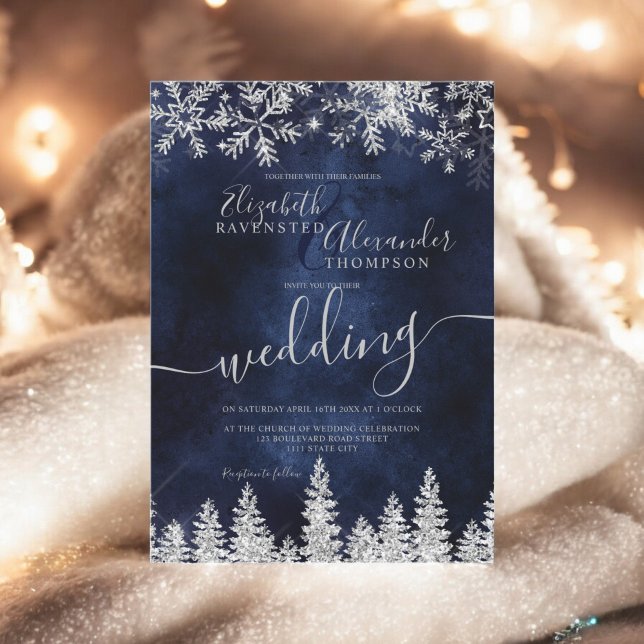 Invitación Boda de invierno de Navidades de la marina de pino (Silver snow pine navy Christmas winter wedding Invitation)