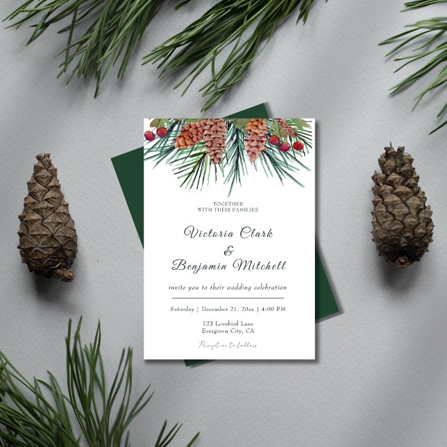 Invitación Boda de invierno de Navidades de la vegetación de  (Rustic Pine Greenery Christmas Winter Wedding Invitation )