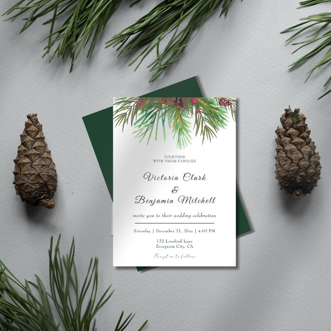 Invitación Boda de invierno de Navidades de pino de verde rús (Rustic Greenery Pine Cone Christmas Winter Wedding Invitation)