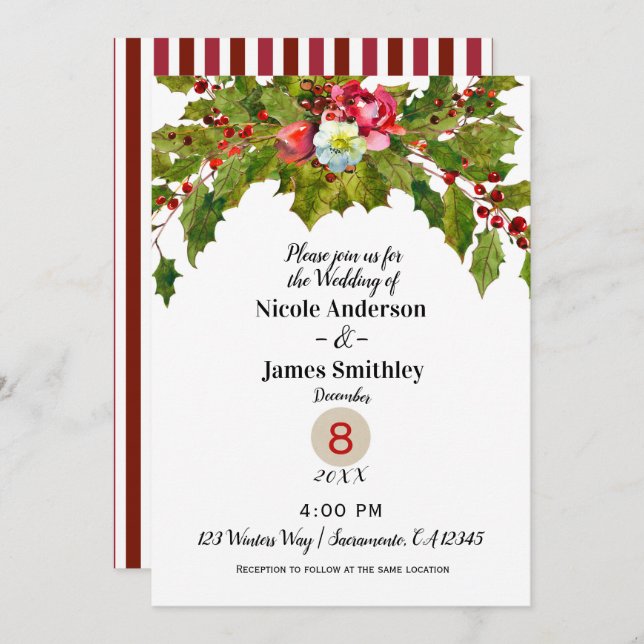 Invitación Boda de Invierno de navidades Holly Berry (Anverso / Reverso)