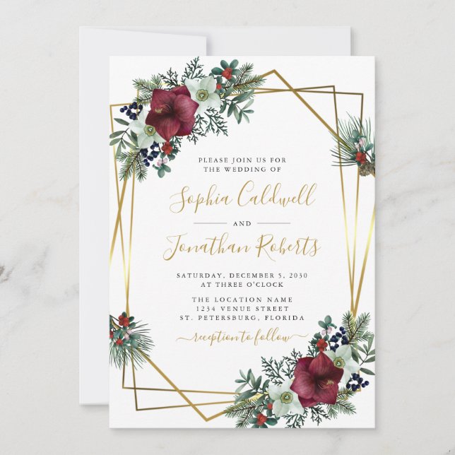 Invitación Boda de Invierno de Oro de Pino Amaryllis (Anverso)