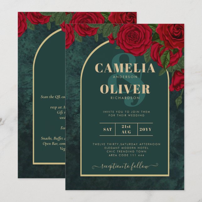 Invitación Boda de Invierno de Oro Verde Forestal Rojo Roses (Anverso / Reverso)