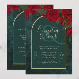 Invitación Boda de Invierno de Oro Verde Forestal Rojo Roses